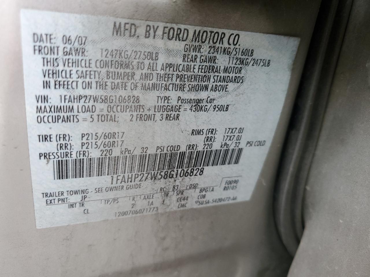 1FAHP27W58G106828 2008 Ford Taurus Sel