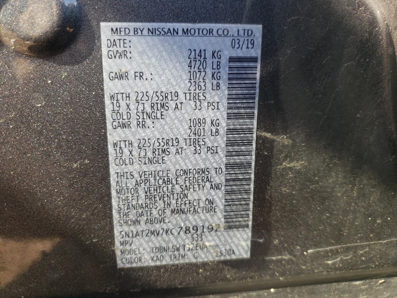 5N1AT2MV7KC789192 2019 NISSAN ROGUE - Image 12