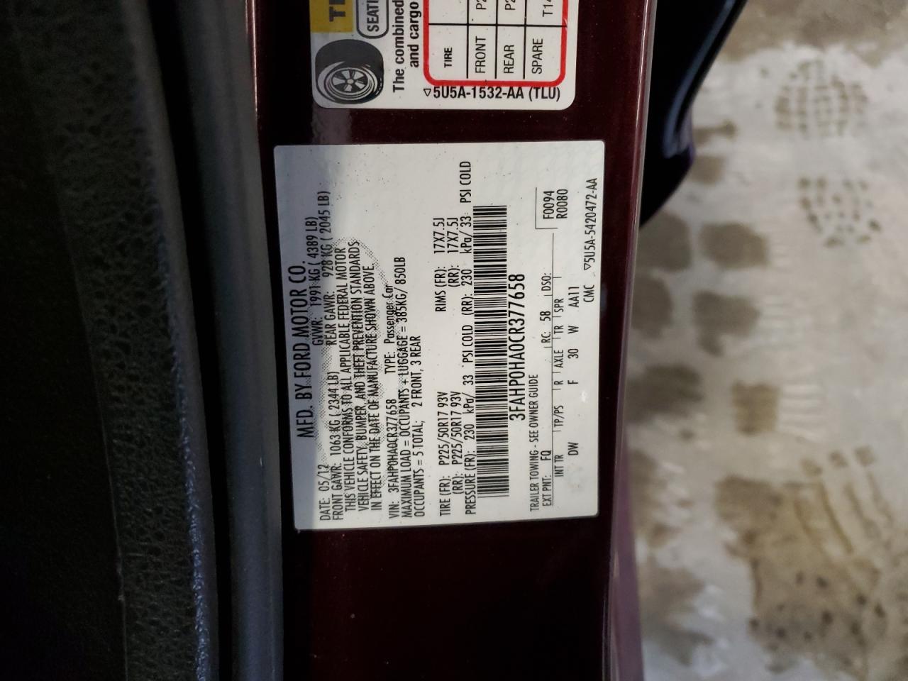 2012 Ford Fusion Se VIN: 3FAHP0HA0CR377658 Lot: 60946974