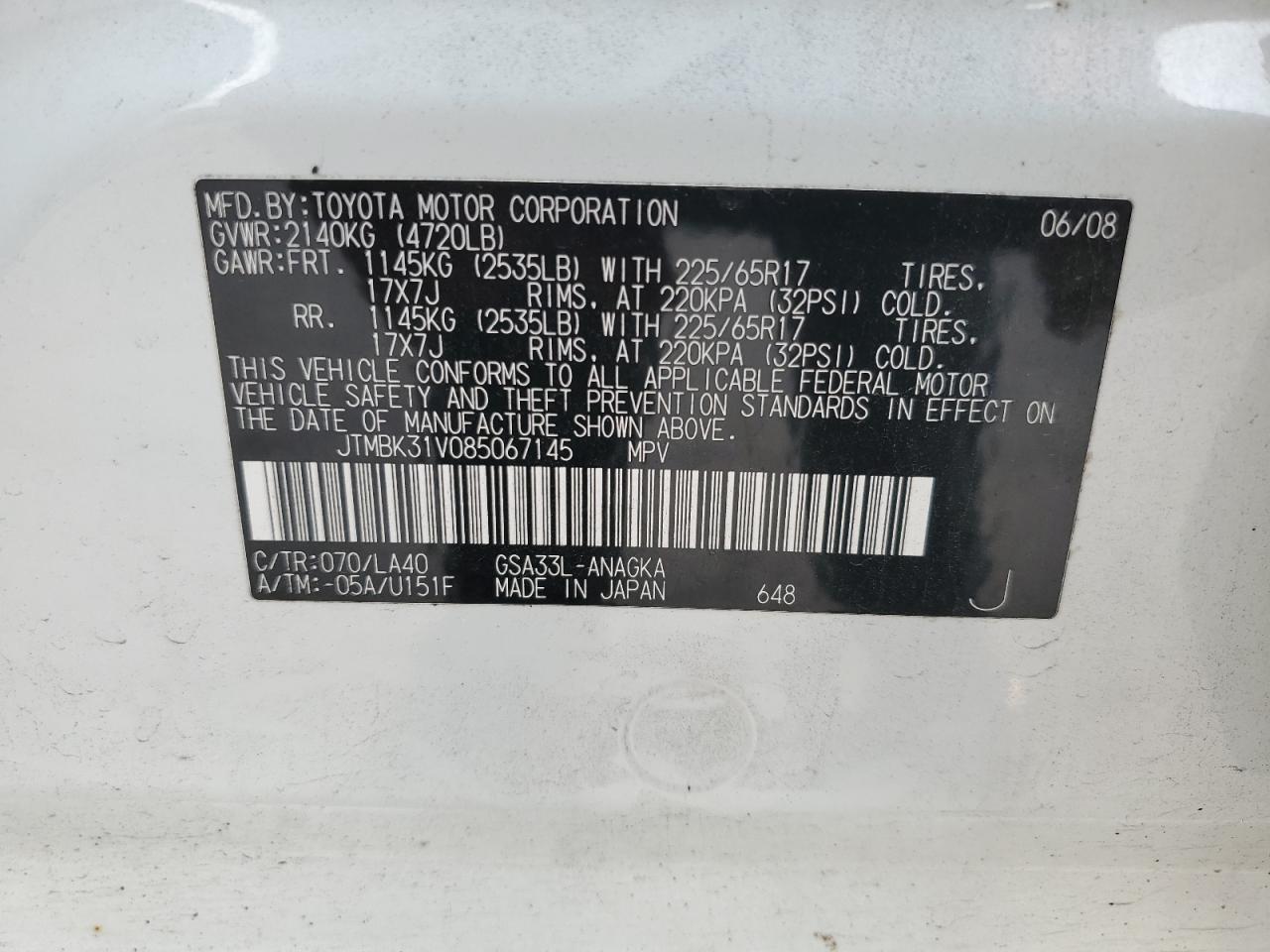 2008 Toyota Rav4 Limited VIN: JTMBK31V085067145 Lot: 59929564