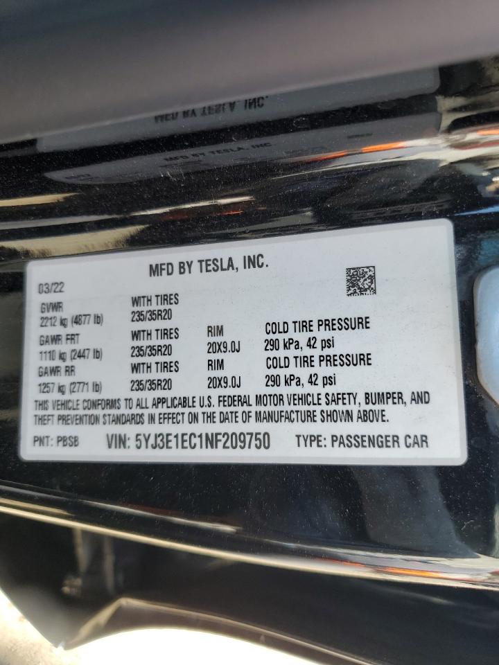 2022 Tesla Model 3 VIN: 5YJ3E1EC1NF209750 Lot: 57526234