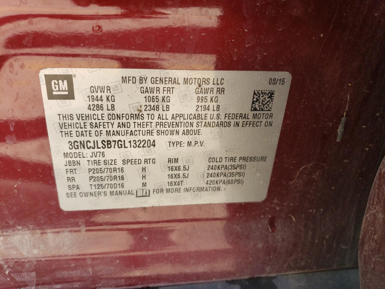 2016 Chevrolet Trax 1Lt VIN: 3GNCJLSB7GL132204 Lot: 58449714