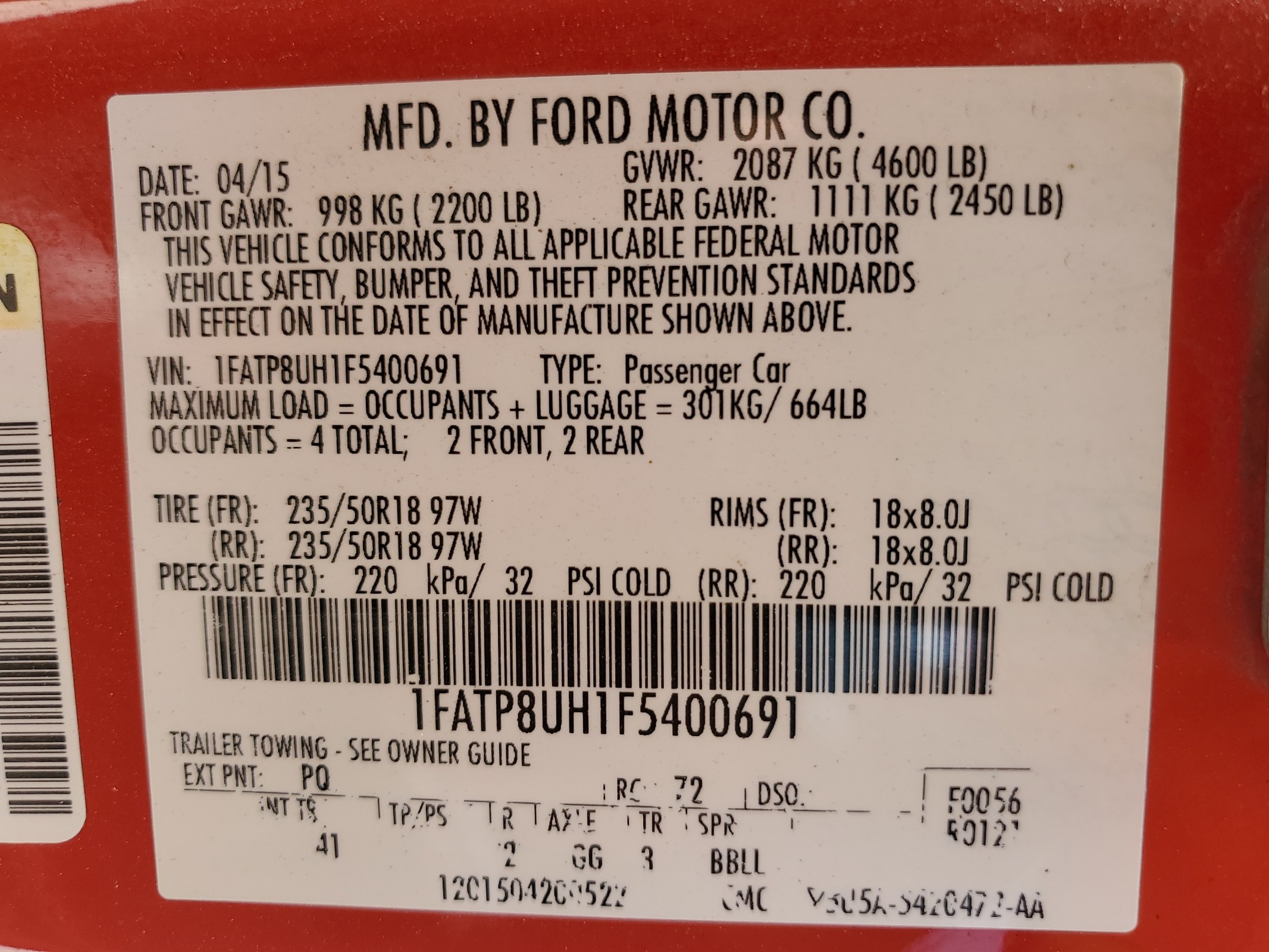 1FATP8UH1F5400691 2015 Ford Mustang