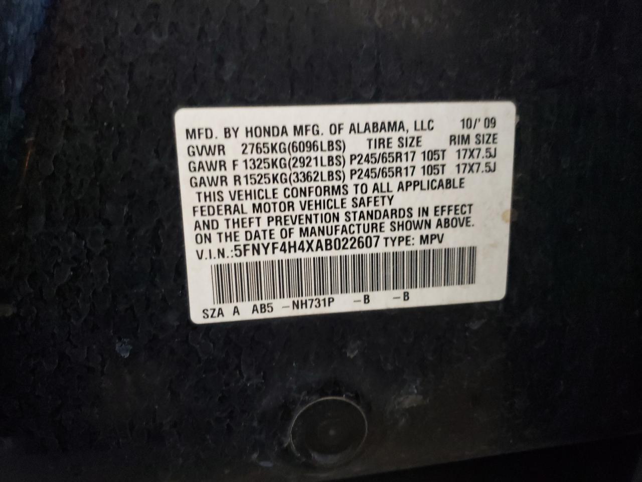 2010 Honda Pilot Ex VIN: 5FNYF4H4XAB022607 Lot: 59697854