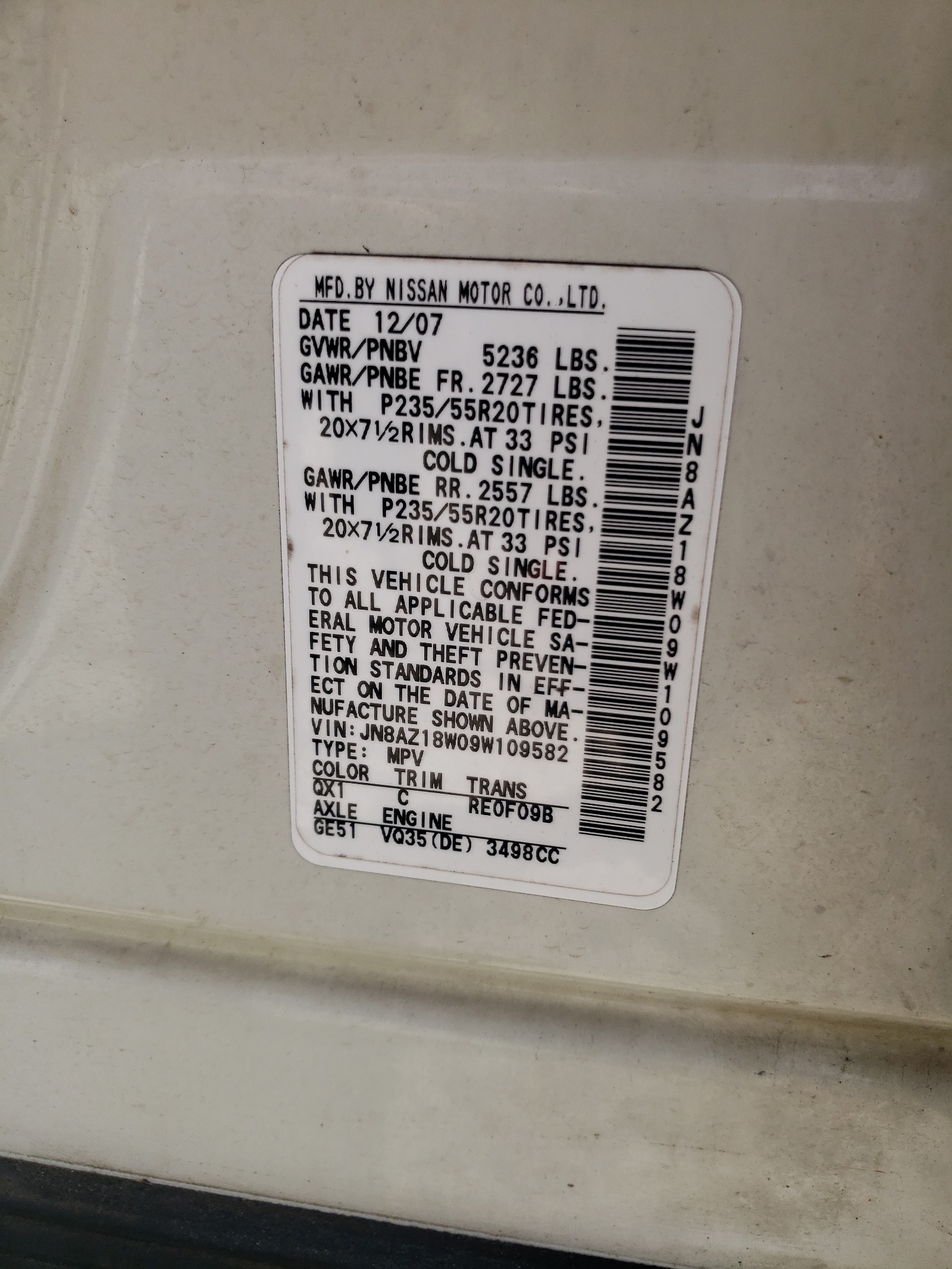 JN8AZ18W09W109582 2009 Nissan Murano S