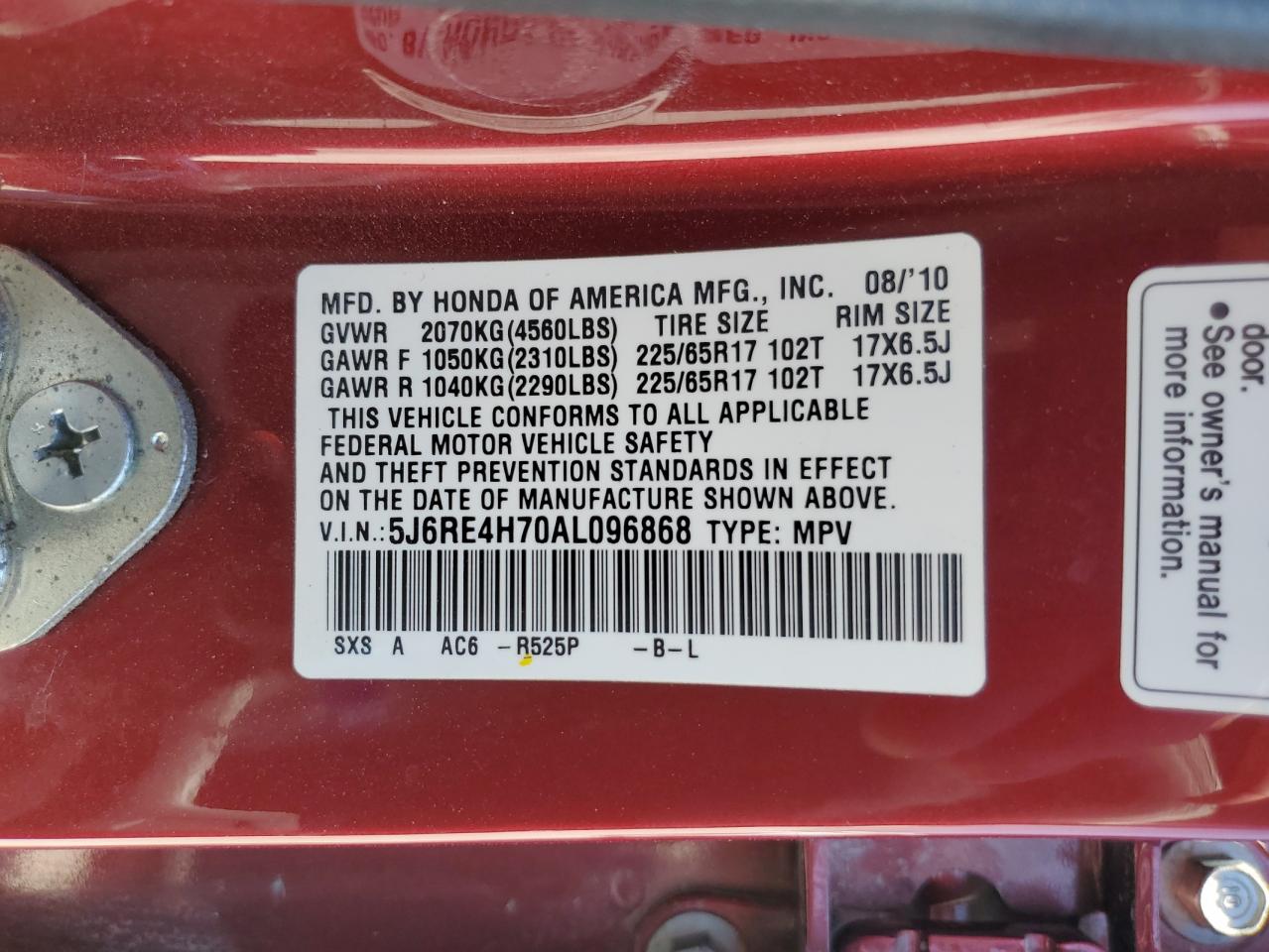 2010 Honda Cr-V Exl VIN: 5J6RE4H70AL096868 Lot: 59330694