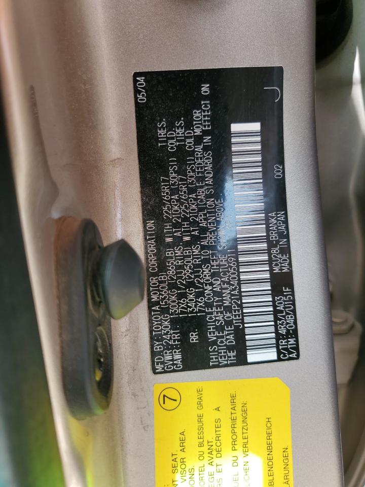 2004 Toyota Highlander VIN: JTEEP21A340056911 Lot: 59250184