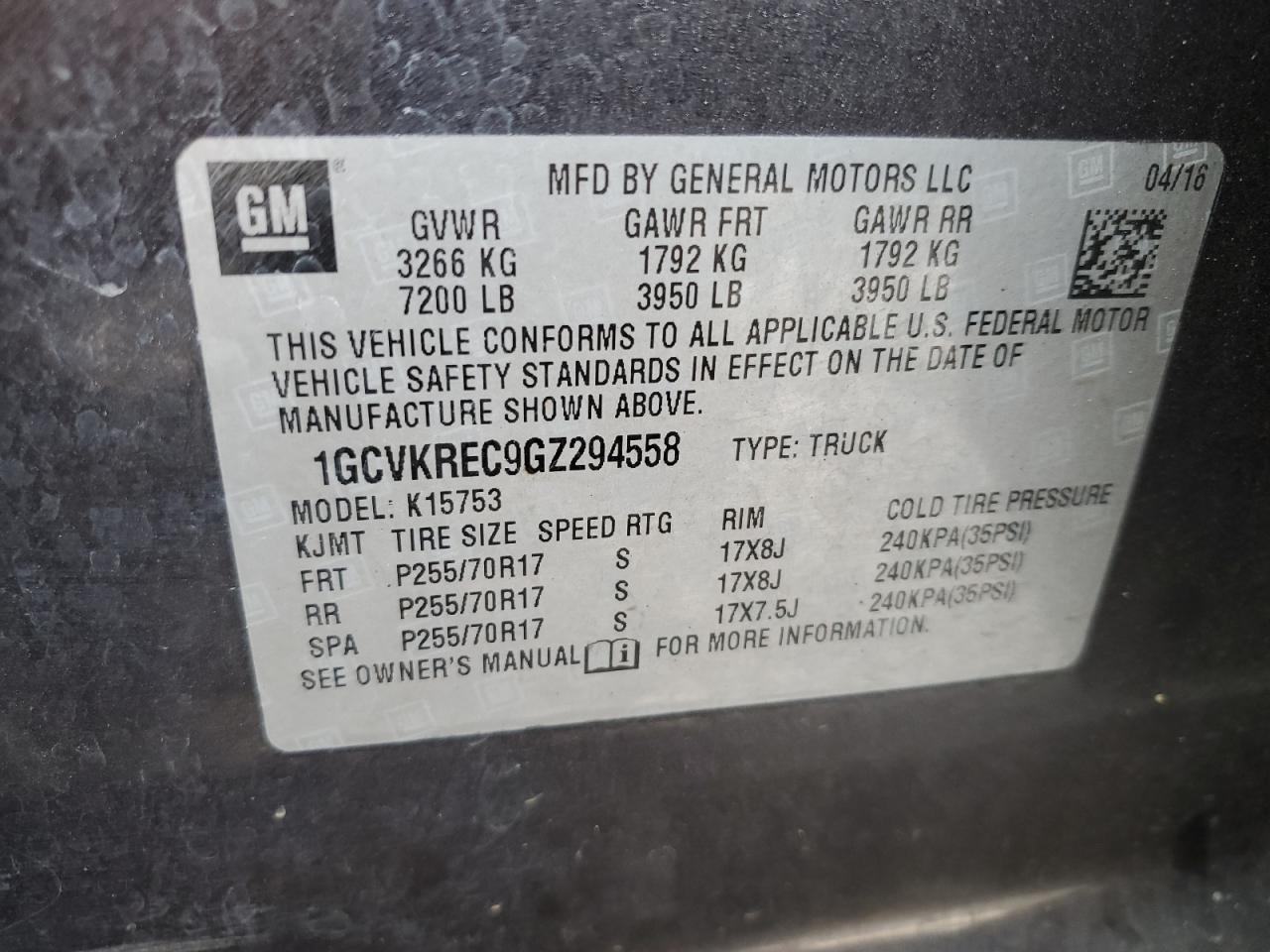 1GCVKREC9GZ294558 2016 Chevrolet Silverado K1500 Lt