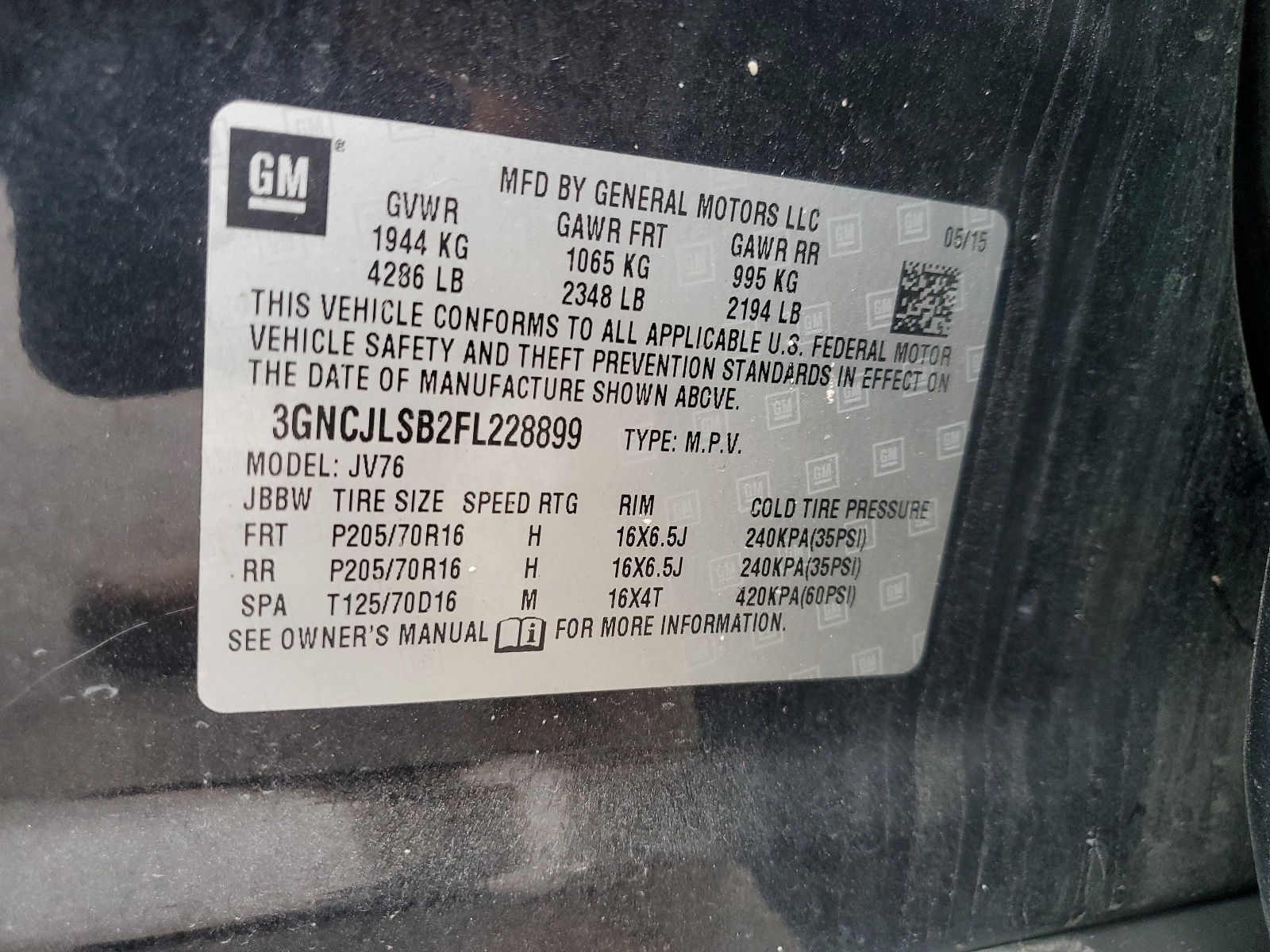 3GNCJLSB2FL228899 2015 Chevrolet Trax 1Lt