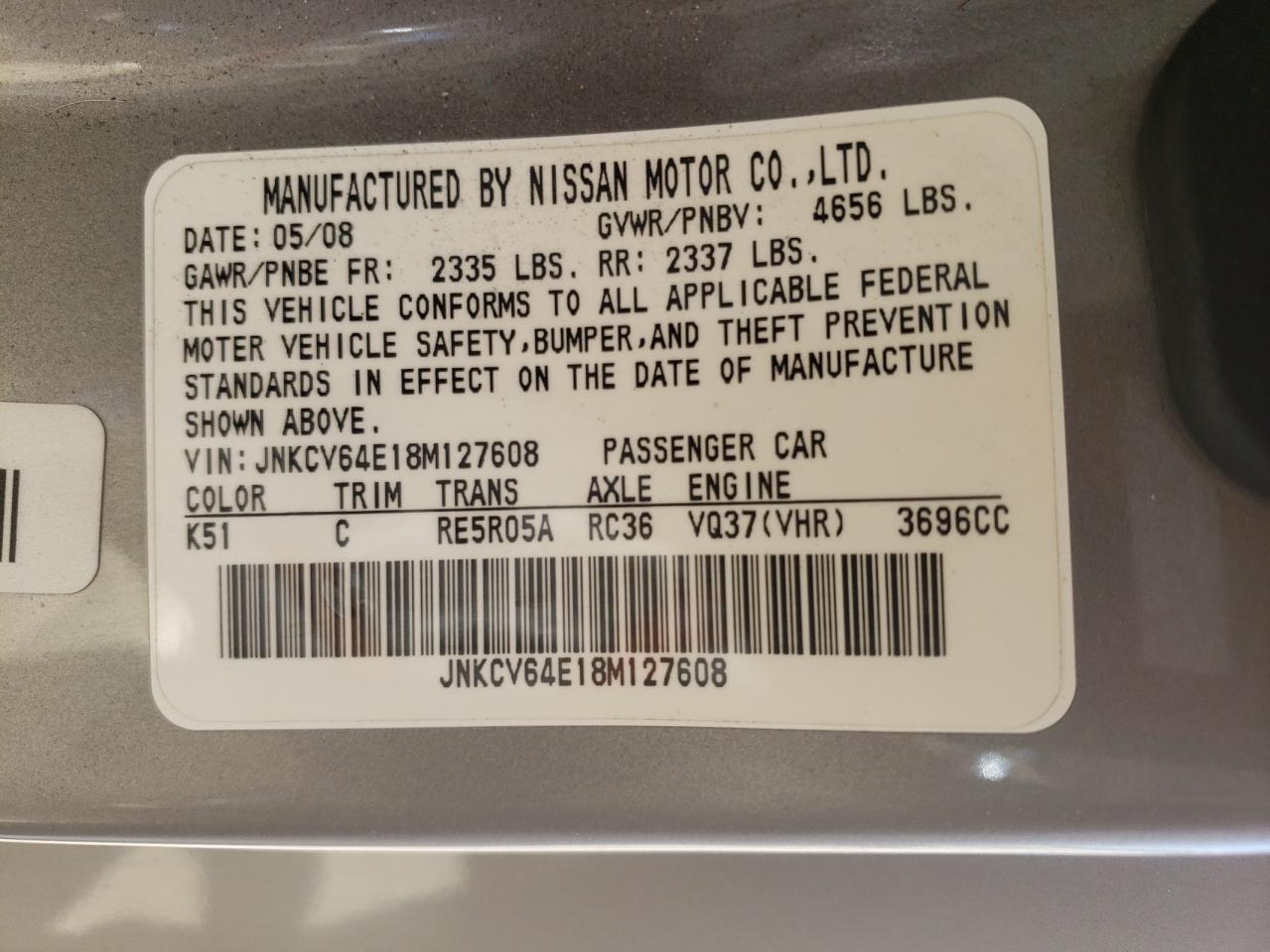 JNKCV64E18M127608 2008 Infiniti G37 Base