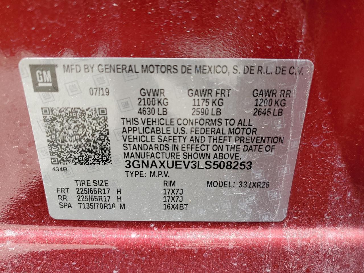 2020 Chevrolet Equinox Lt VIN: 3GNAXUEV3LS508253 Lot: 57806254