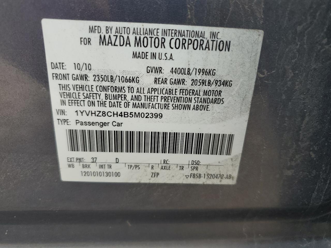 1YVHZ8CH4B5M02399 2011 Mazda 6 I