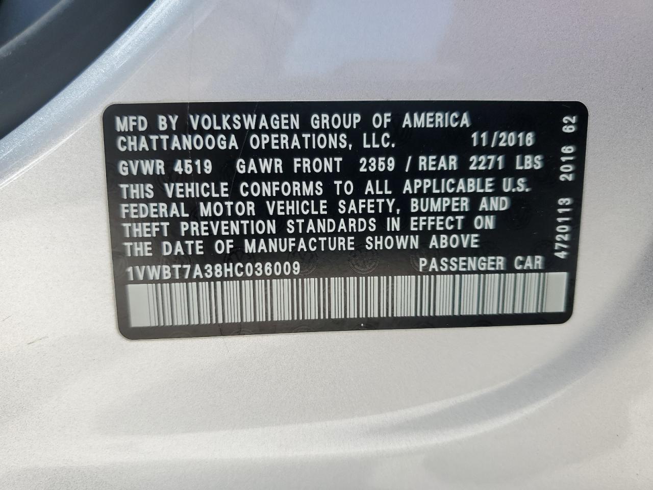 2017 Volkswagen Passat Se VIN: 1VWBT7A38HC036009 Lot: 58411354