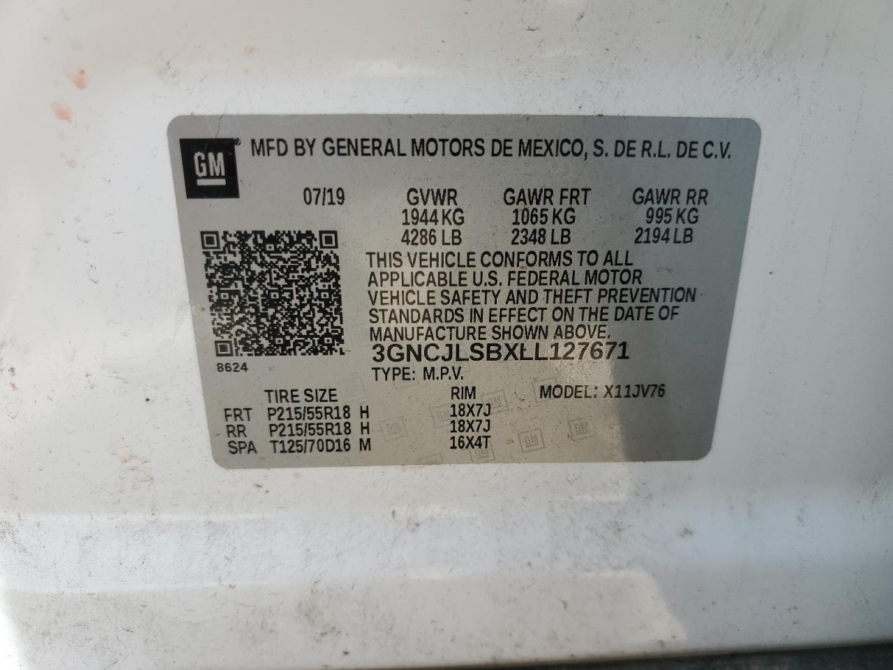 2020 Chevrolet Trax 1Lt VIN: 3GNCJLSBXLL127671 Lot: 57972744