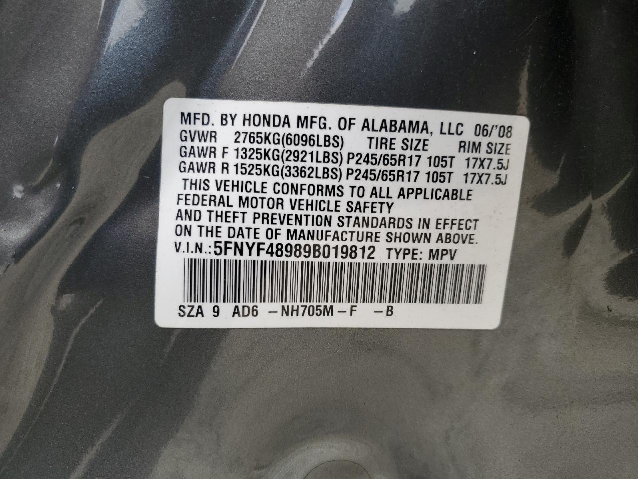 2009 Honda Pilot Touring VIN: 5FNYF48989B019812 Lot: 58814144