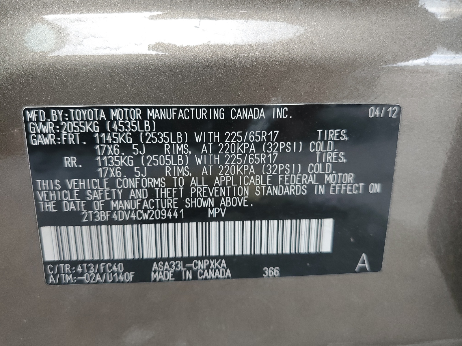 2T3BF4DV4CW209441 2012 Toyota Rav4