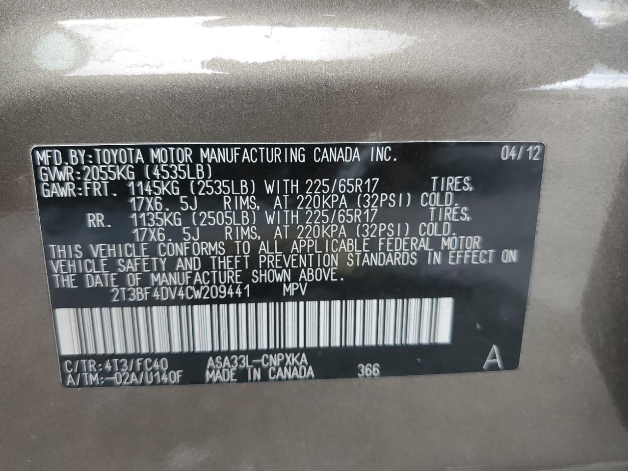 2012 Toyota Rav4 VIN: 2T3BF4DV4CW209441 Lot: 60624904