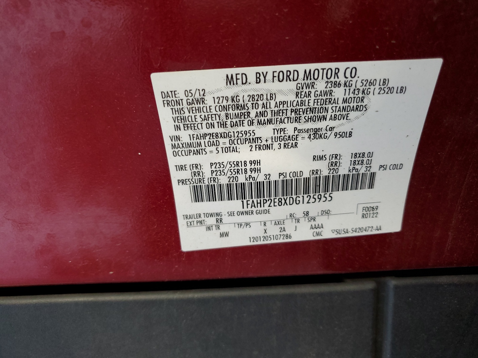 1FAHP2E8XDG125955 2013 Ford Taurus Sel