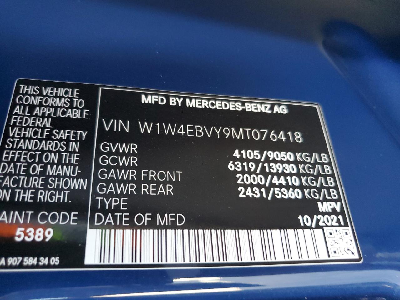 2021 Mercedes-Benz Sprinter 2500 VIN: W1W4EBVY9MT076418 Lot: 60857364
