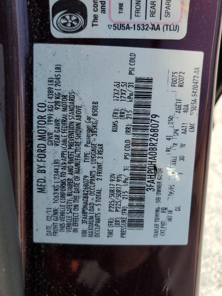 2011 Ford Fusion Se VIN: 3FAHP0HA0BR268079 Lot: 59105954