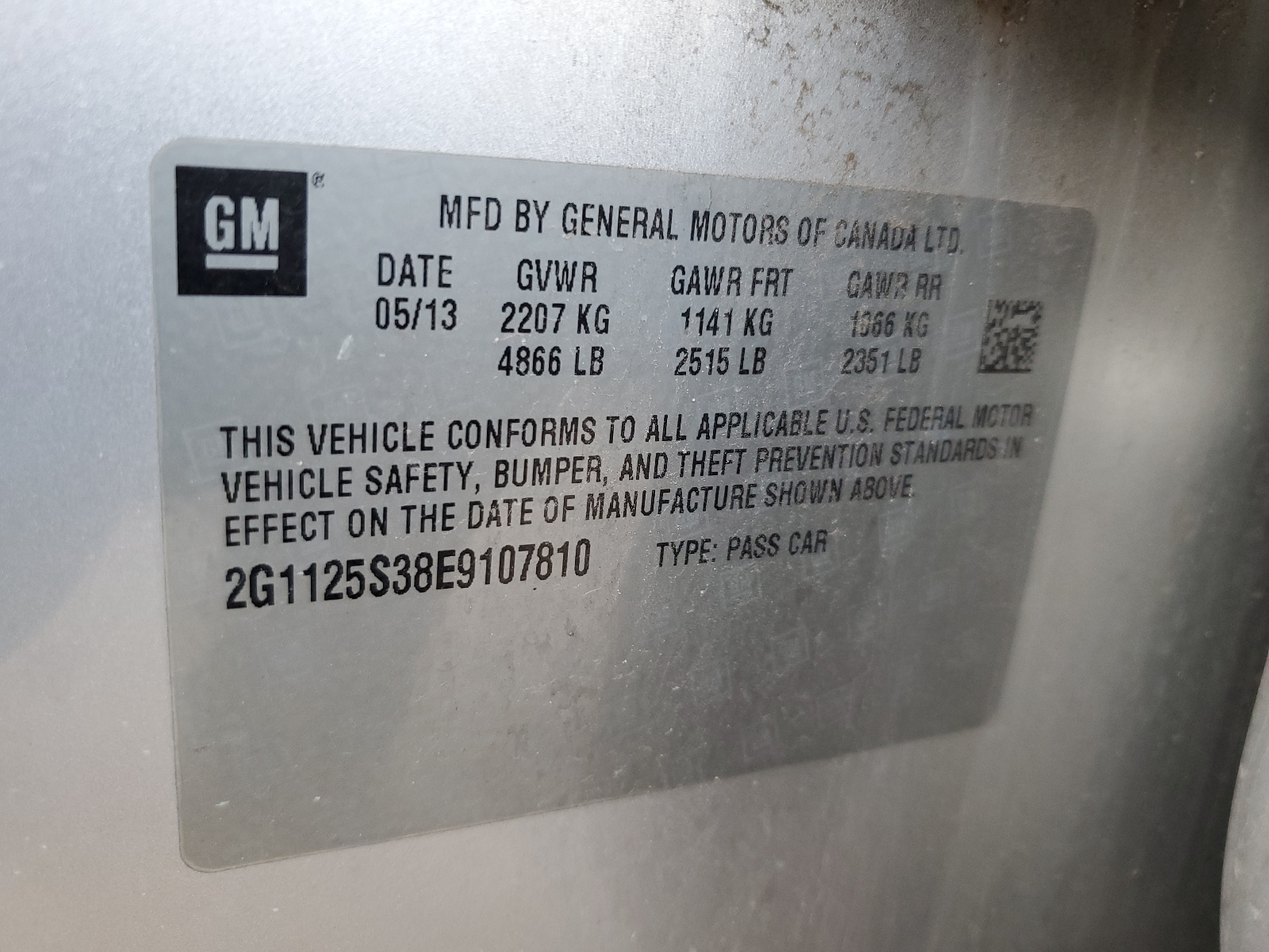 2G1125S38E9107810 2014 Chevrolet Impala Lt