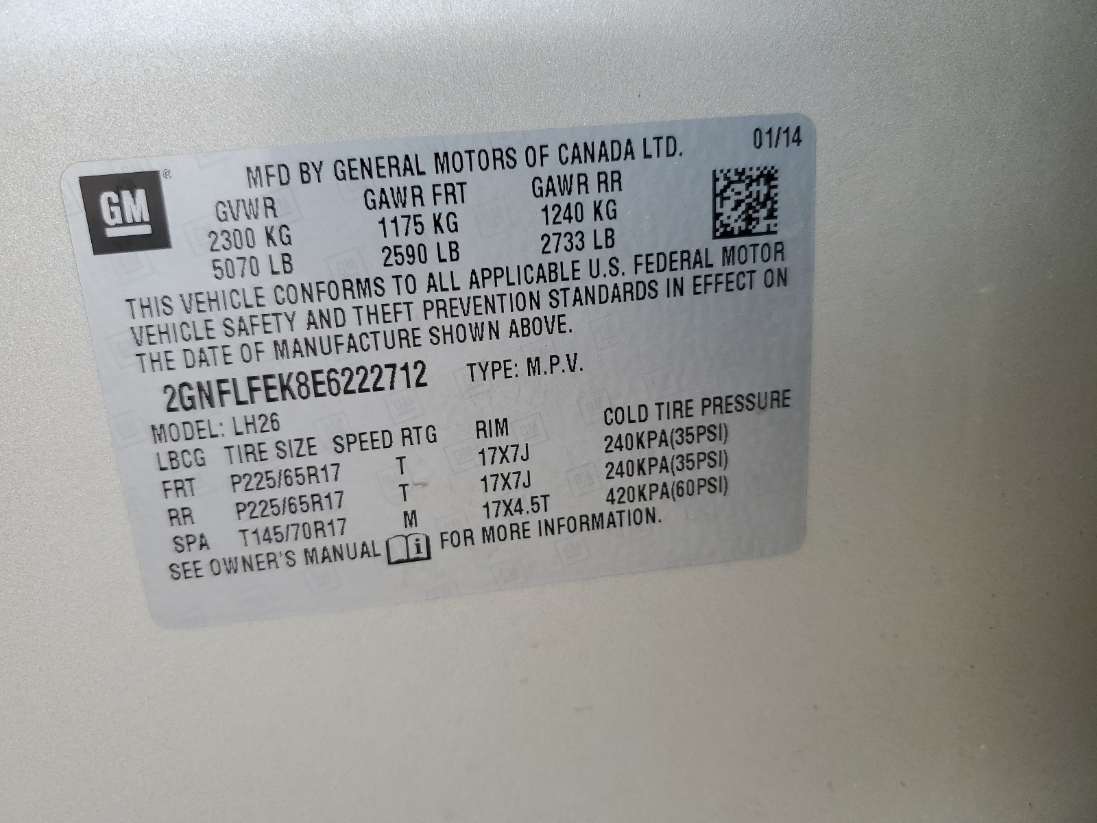 2GNFLFEK8E6222712 2014 Chevrolet Equinox Lt