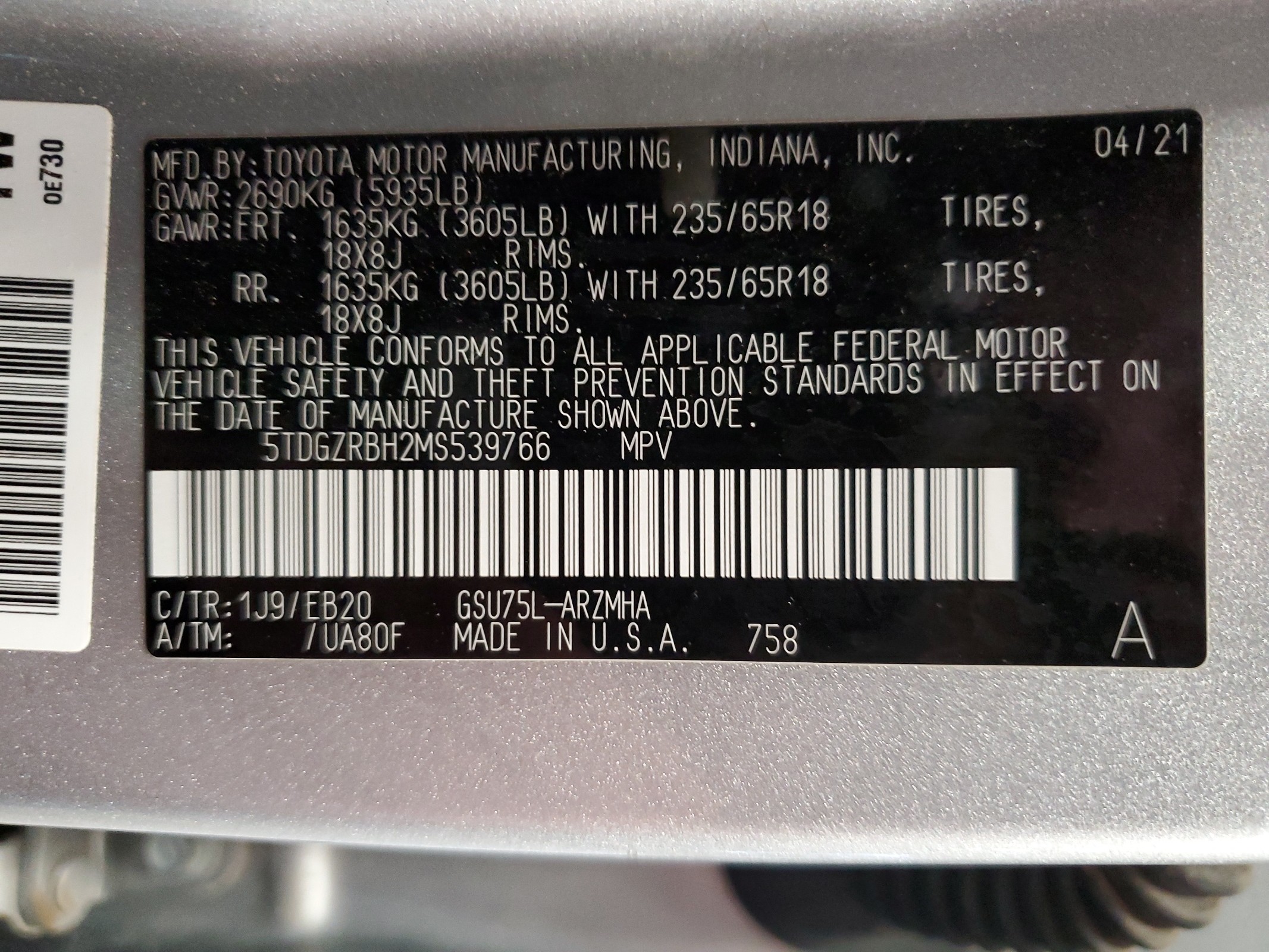 5TDGZRBH2MS539766 2021 Toyota Highlander Xle