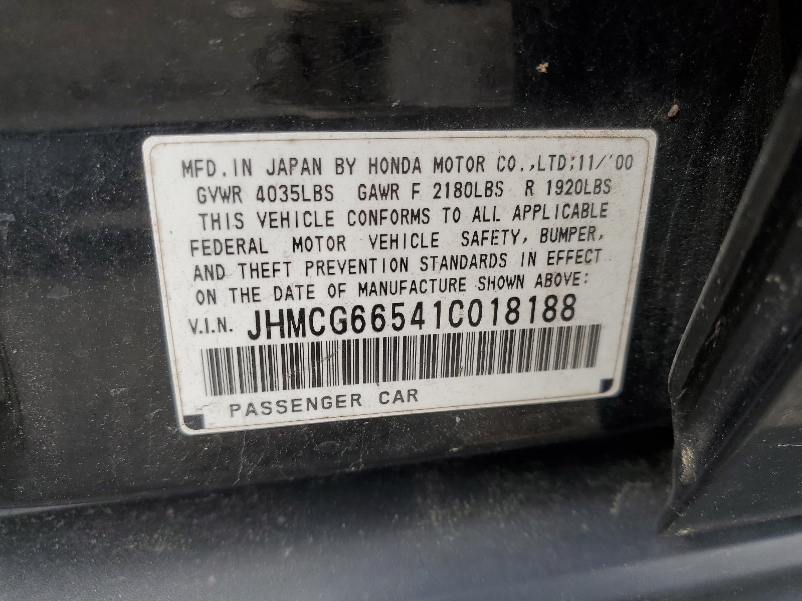 JHMCG66541C018188 2001 Honda Accord Lx