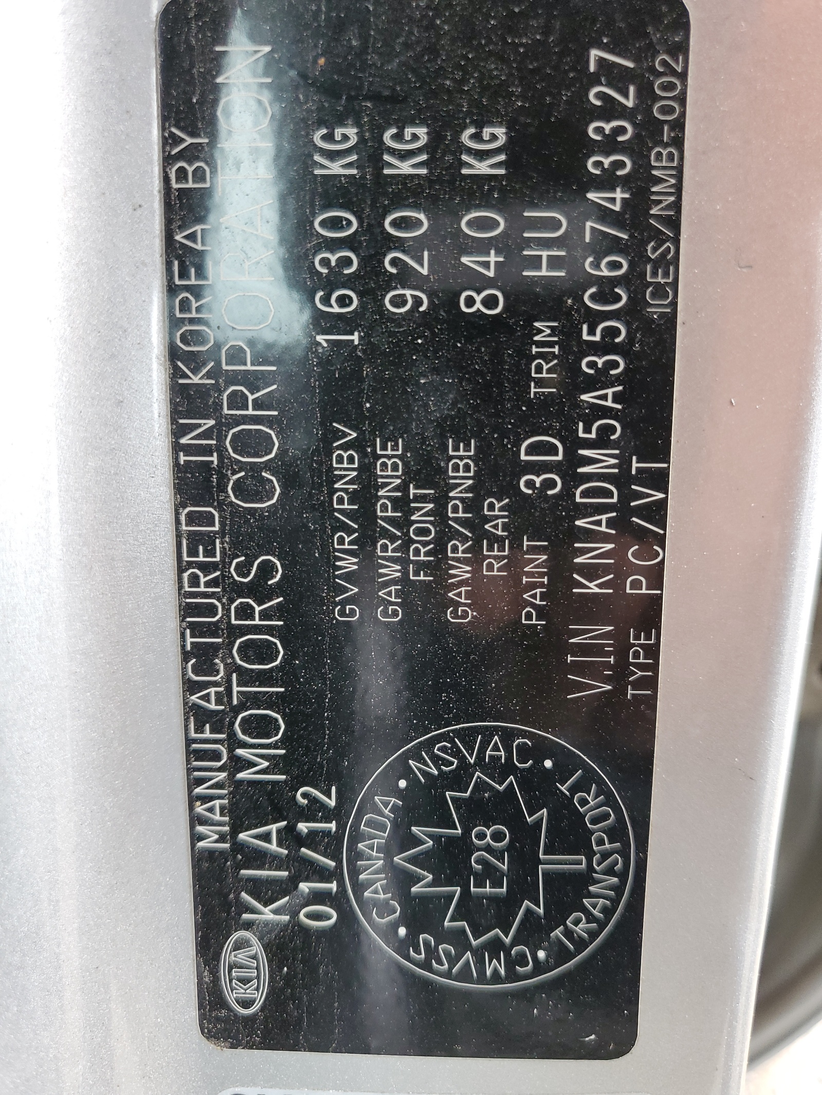 KNADM5A35C6743327 2012 Kia Rio Lx