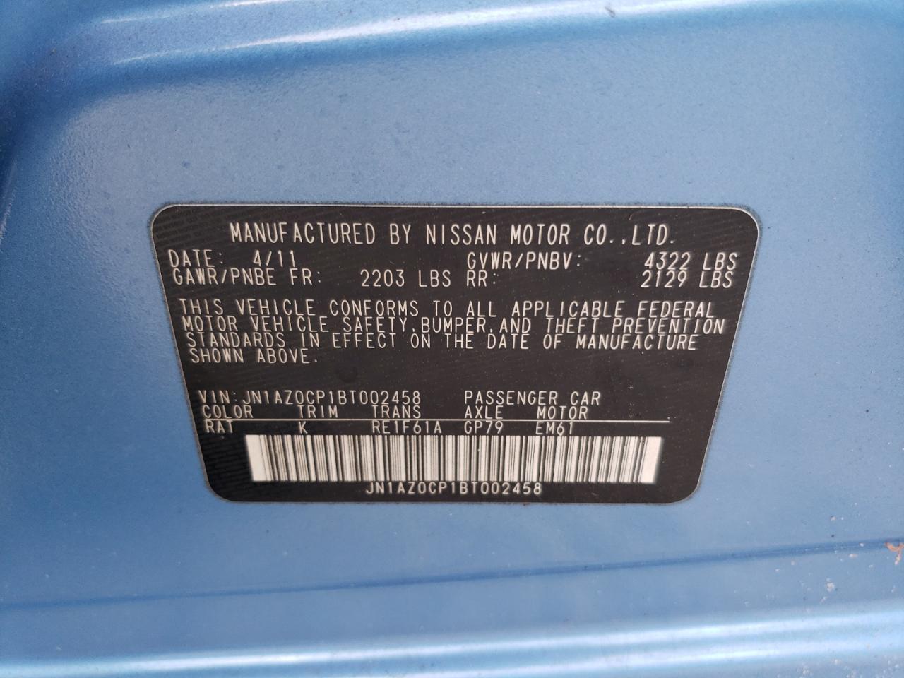 2011 Nissan Leaf Sv VIN: JN1AZ0CP1BT002458 Lot: 57763434