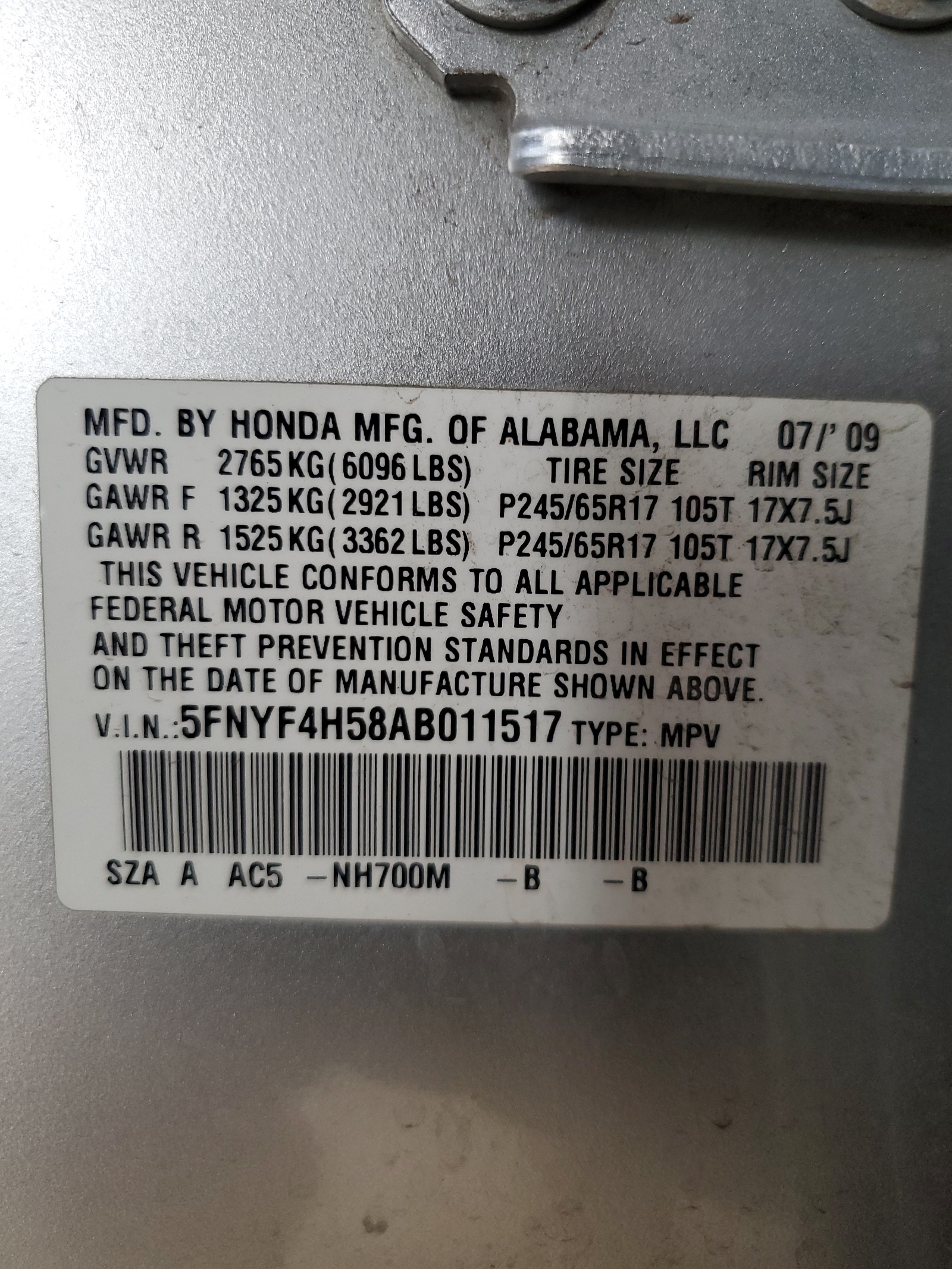 5FNYF4H58AB011517 2010 Honda Pilot Exl