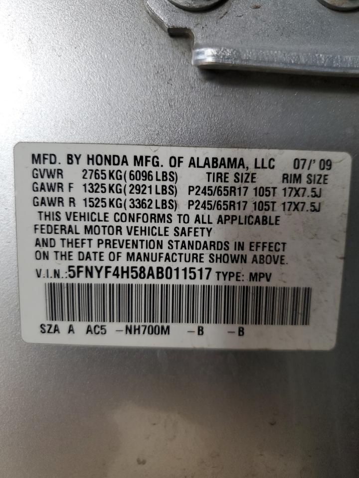 2010 Honda Pilot Exl VIN: 5FNYF4H58AB011517 Lot: 59066954
