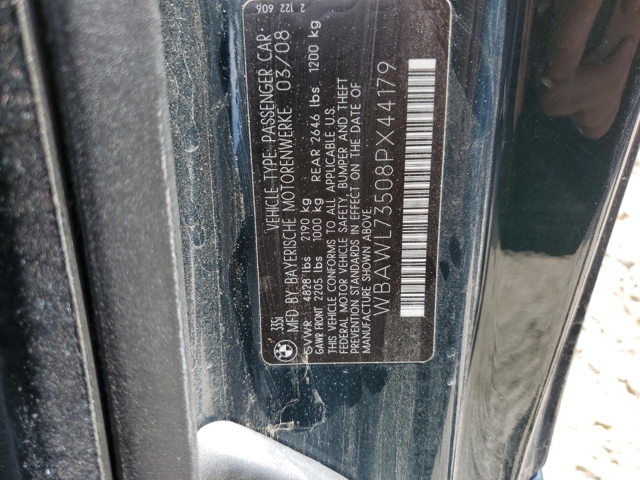 2008 BMW 335 I VIN: WBAWL73508PX44179 Lot: 56643314