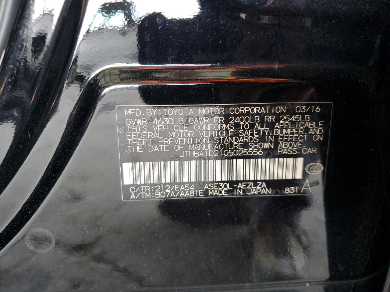 2016 Lexus Is 200T VIN: JTHBA1D21G5025556 Lot: 57960224