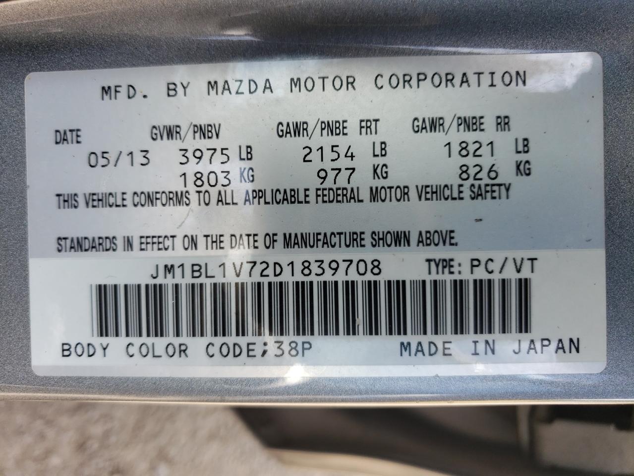 2013 Mazda 3 I VIN: JM1BL1V72D1839708 Lot: 58010104