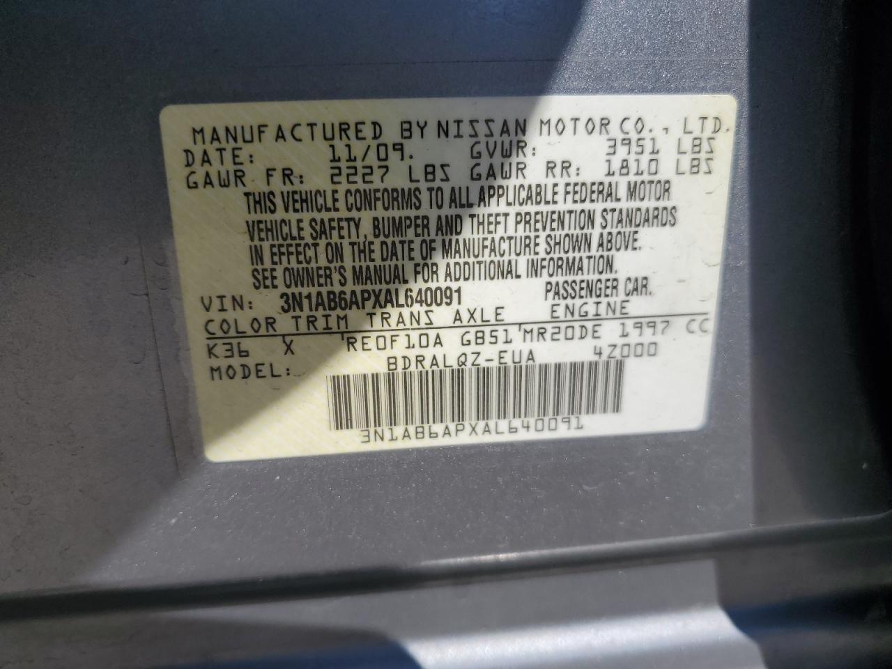 2010 Nissan Sentra 2.0 VIN: 3N1AB6APXAL640091 Lot: 61466474