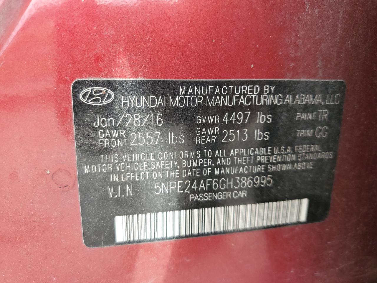 2016 Hyundai Sonata Se VIN: 5NPE24AF6GH386995 Lot: 61057614