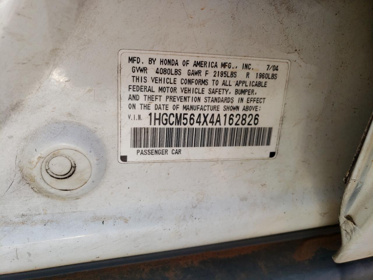 2004 Honda Accord Lx VIN: 1HGCM564X4A162826 Lot: 61092404