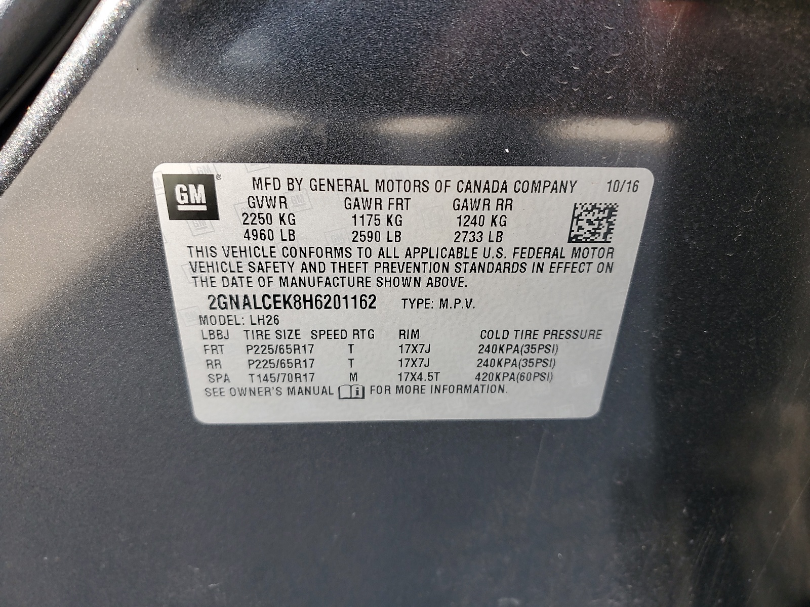 2GNALCEK8H6201162 2017 Chevrolet Equinox Lt