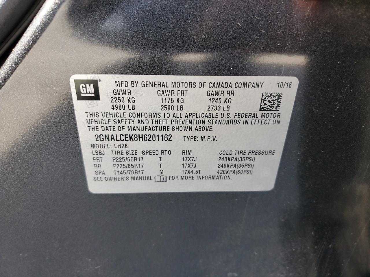 2017 Chevrolet Equinox Lt VIN: 2GNALCEK8H6201162 Lot: 60395514