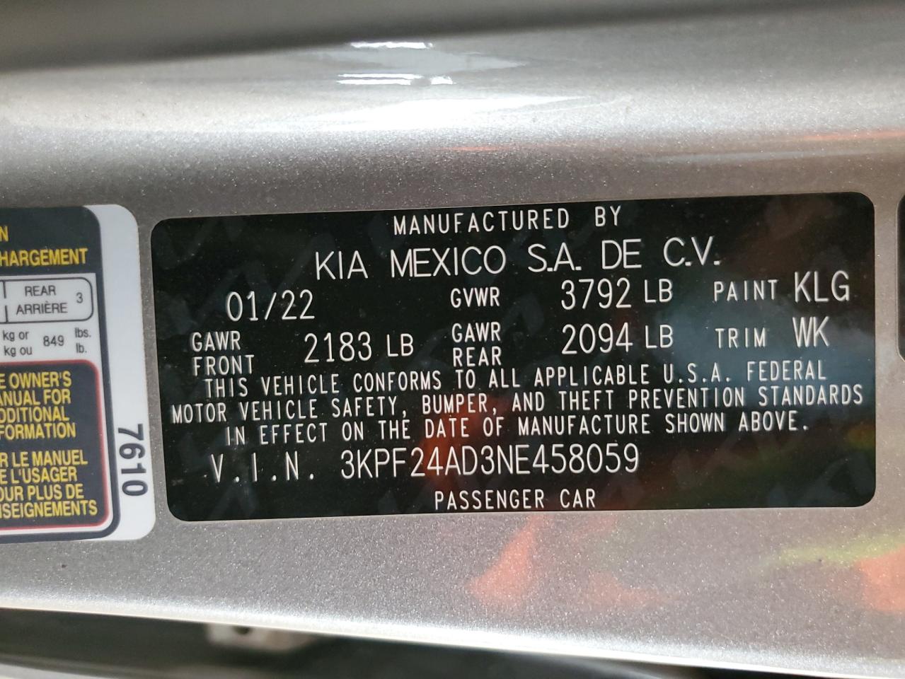 2022 Kia Forte Fe VIN: 3KPF24AD3NE458059 Lot: 58863064