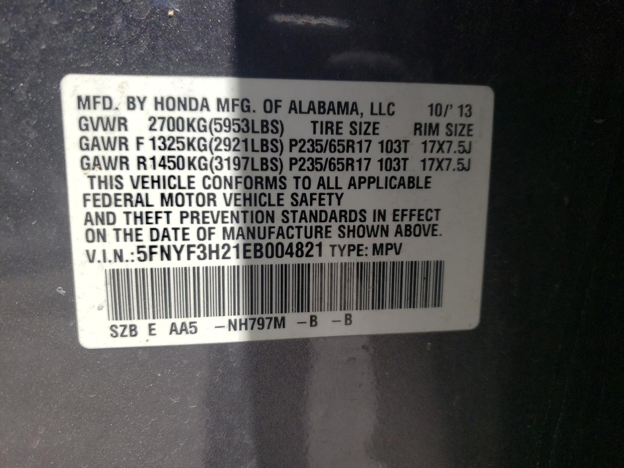 2014 Honda Pilot Lx VIN: 5FNYF3H21EB004821 Lot: 59776564