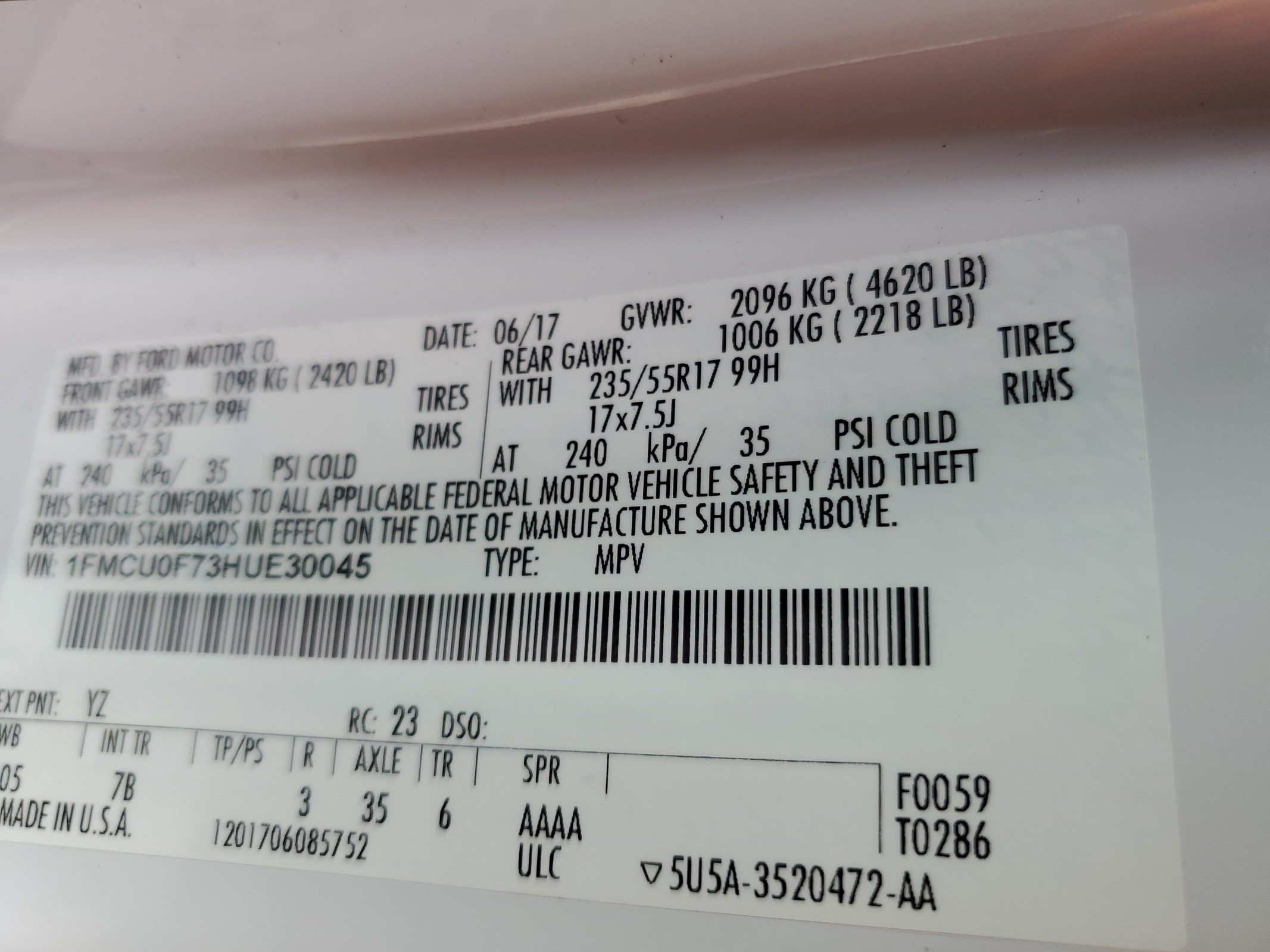 1FMCU0F73HUE30045 2017 Ford Escape S