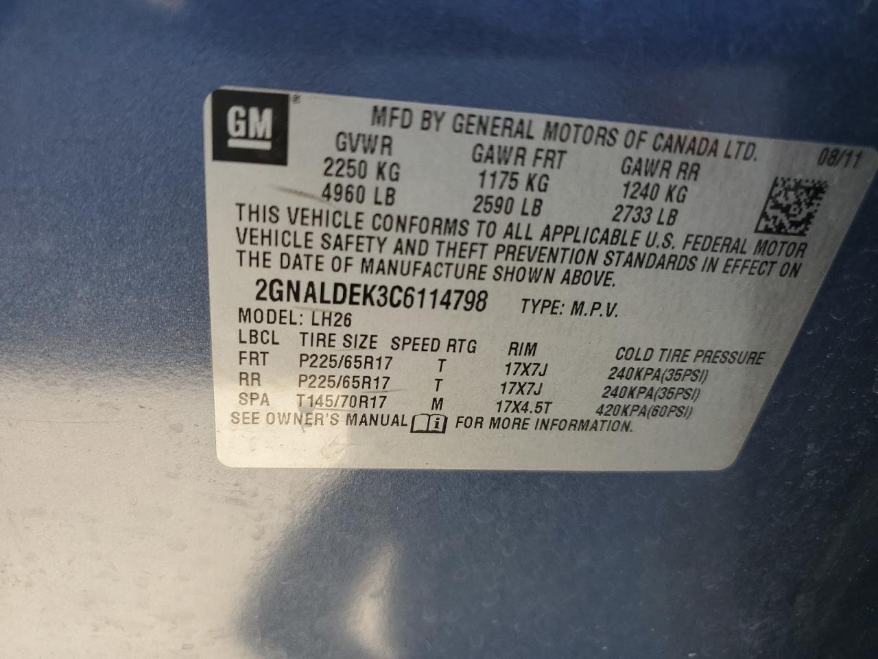 2012 Chevrolet Equinox Lt VIN: 2GNALDEK3C6114798 Lot: 57583144