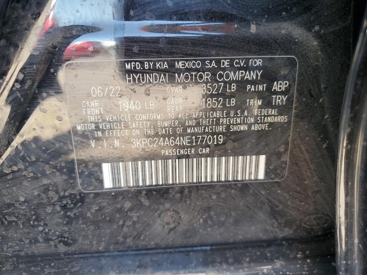 3KPC24A64NE177019 2022 Hyundai Accent Se