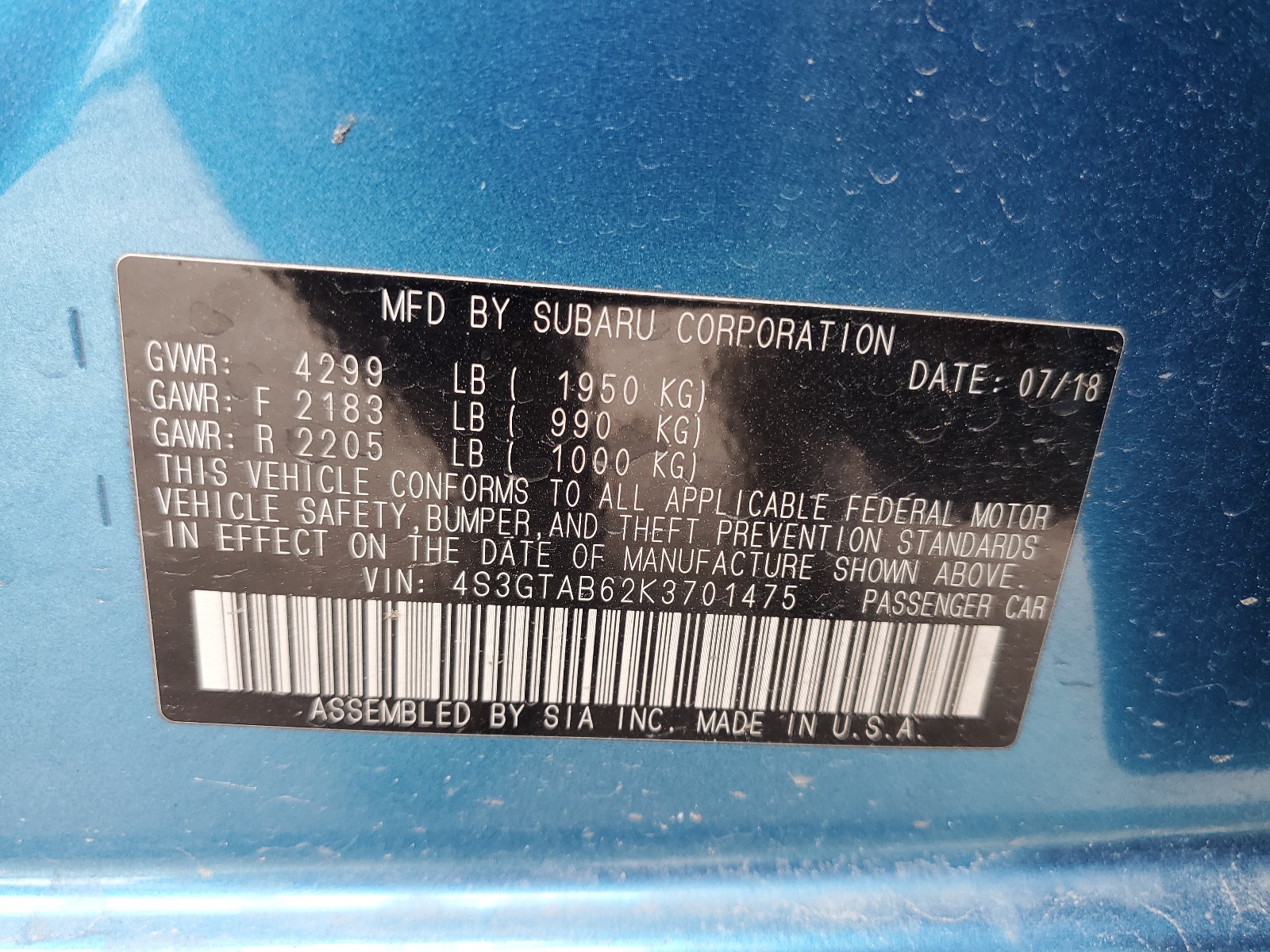 4S3GTAB62K3701475 2019 Subaru Impreza