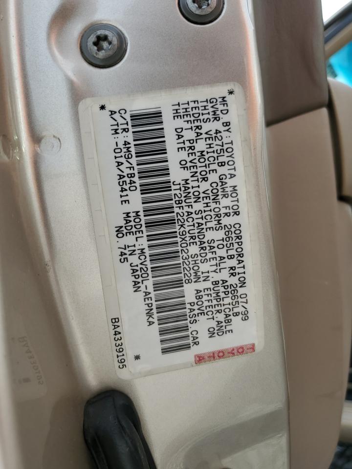 1999 Toyota Camry Le VIN: JT2BF22K9X0232228 Lot: 59696934