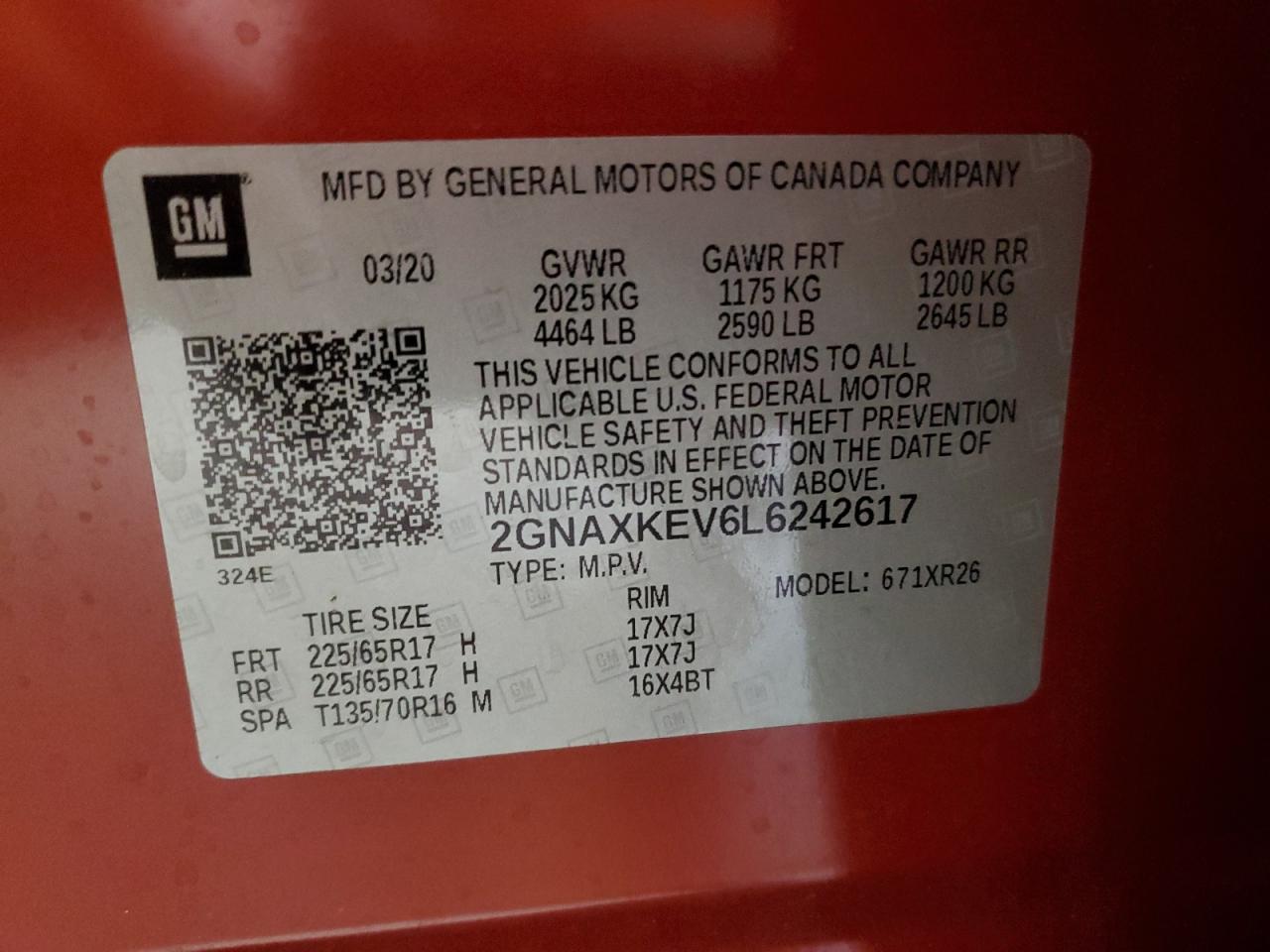 2020 Chevrolet Equinox Lt VIN: 2GNAXKEV6L6242617 Lot: 58720304