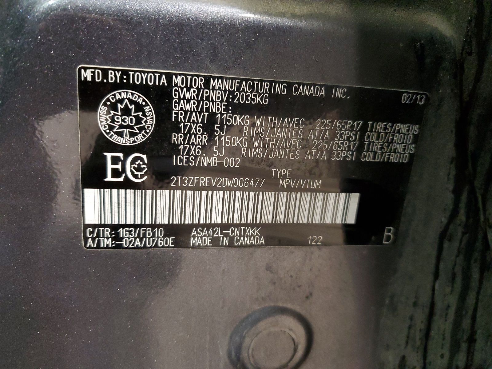 2T3ZFREV2DW006477 2013 Toyota Rav4 Le