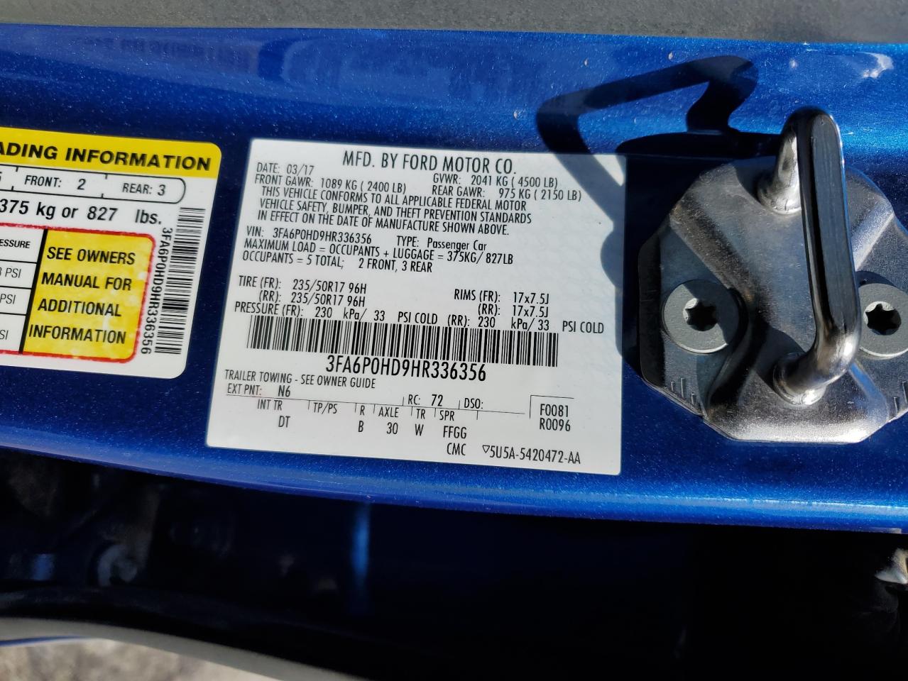 2017 Ford Fusion Se VIN: 3FA6P0HD9HR336356 Lot: 59969334